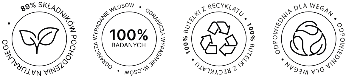 ikony Biotebal szampon effect: SKUTECZNOŚĆ POTWIERDZONA BADANIAMI, SKŁADNIKI POCHODZENIA NATURALNEGO, EKOLOGICZNE OPAKOWANIE