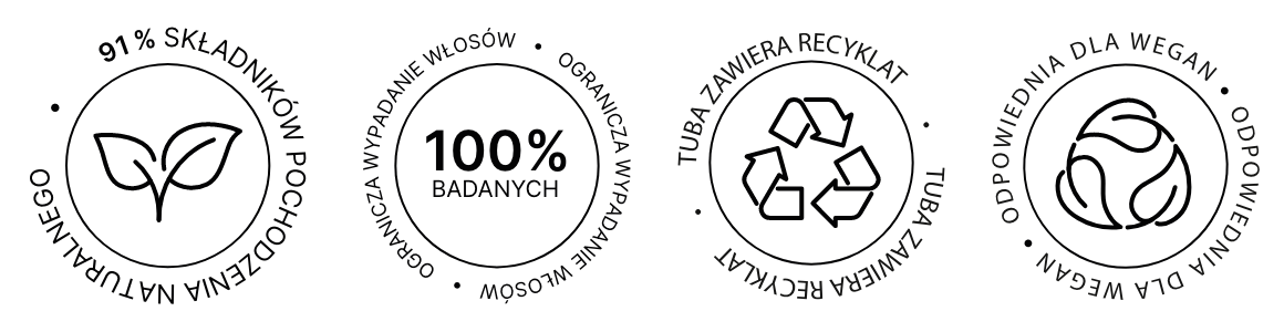 Ikony: 91% składników pochodzenia naturalnego; 100% badanych - ogranicza wypadanie włosów; zawiera recyklat; dla wegan