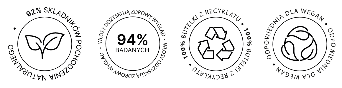 Ikony: 92% składników pochodzenia naturalnego; 94% badanych - włosy odzyskują zdrowy wygląd; zawiera recyklat; dla wegan